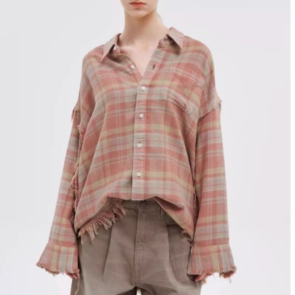 NWT R13 Shredded Seam Flannel Drop Neck Shirt Washed-Out Red/Khaki Plaid XLarge - Picture 3 of 15